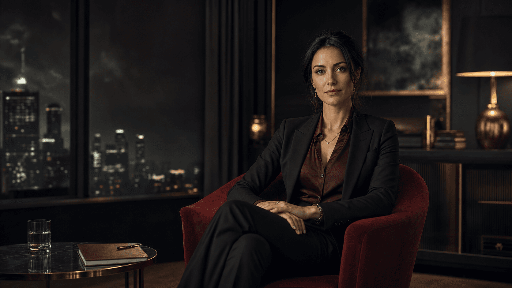 Bailey seated in a dark private counselling office